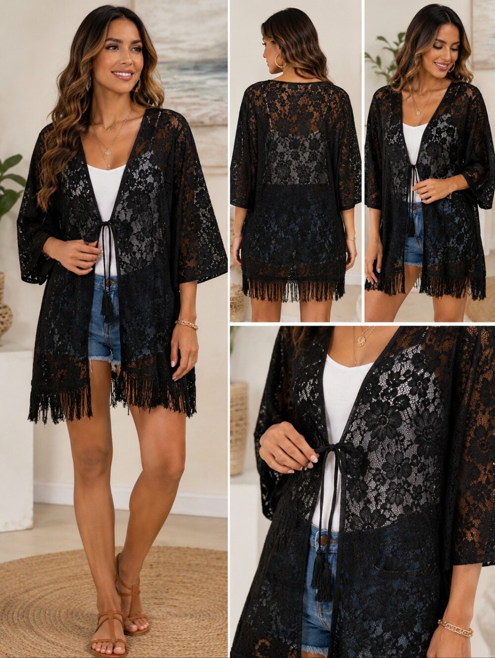 Indigo Rose Black Lace Fringe Kimono Cover-Up 2X NWT